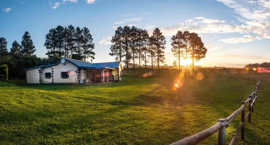 A cozy cottage surrounded by vast greenery during sunset.